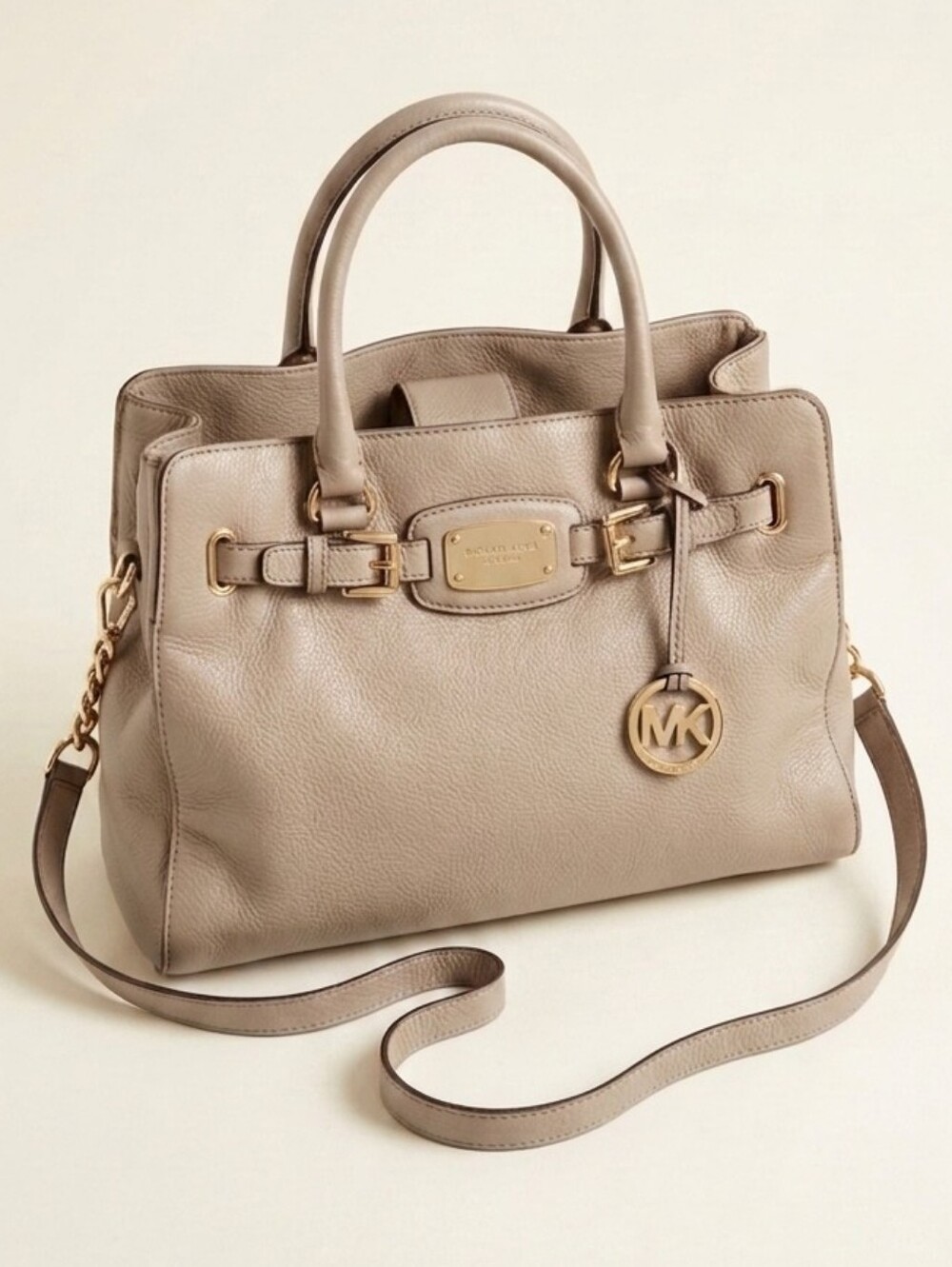 Michael Kors Large Hamilton Beige Leather Gold Hardware Satchel Tote Bag